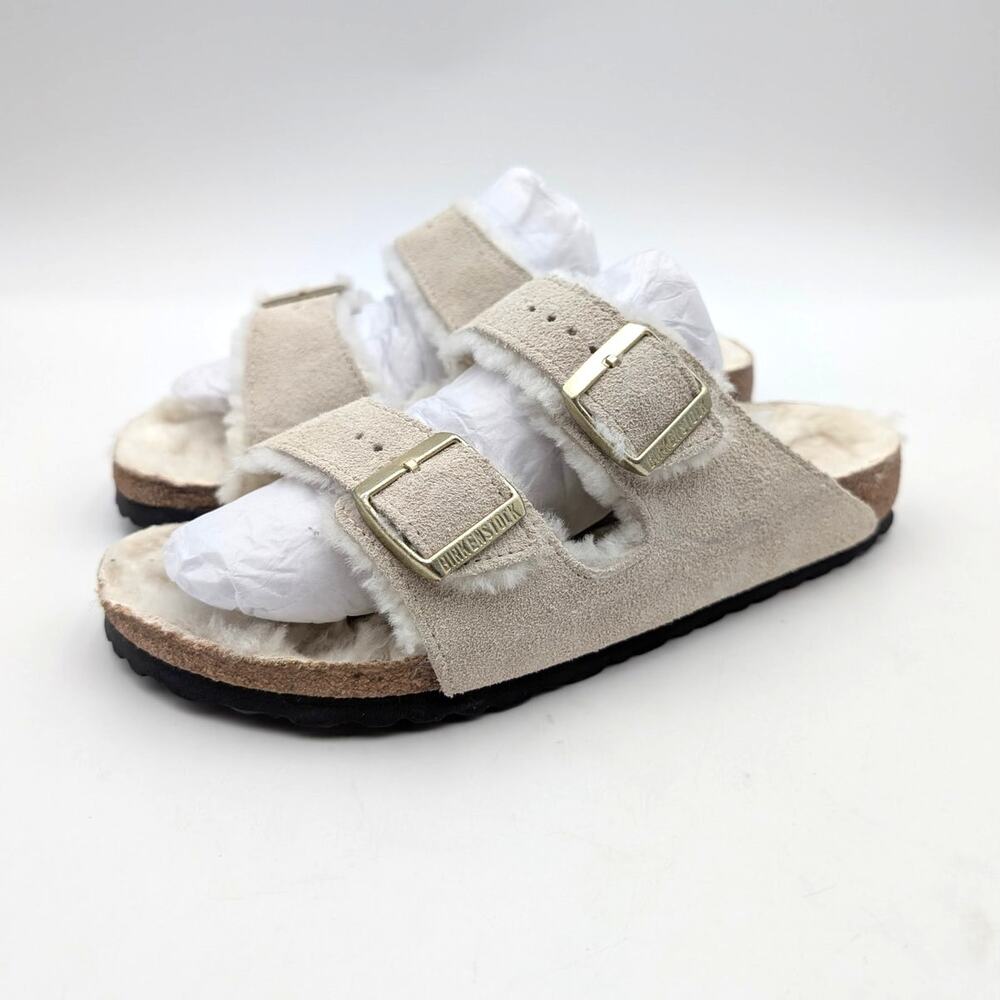 Birkenstock Arizona Genuine Shearling Sandals Unisex Taupe Size US W10/M8 EU41